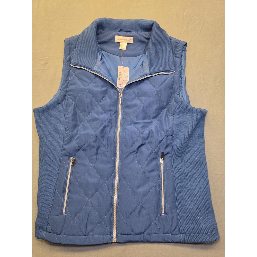 Christopher and Banks Blue Vest Zip Up Pockets Large quilted Ribbed Collar